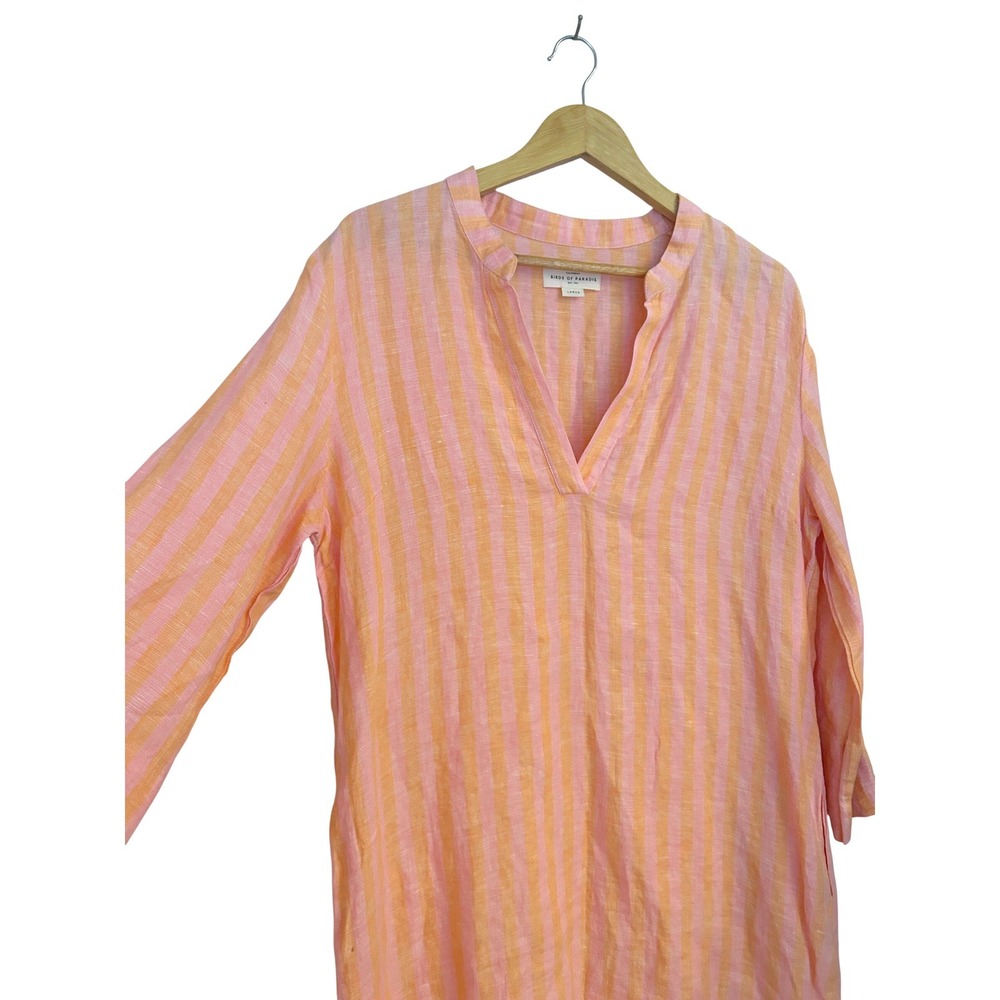 Trovata Birds of Paradis Lucca Linen Shirt Dress Pink Orange Stripe Womens Large - Picture 4 of 8
